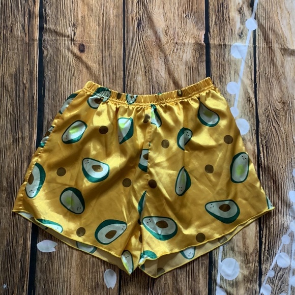 Two Piece Yellow Satin Avocado Print Shortie Pajama Set - Picture 10 of 11